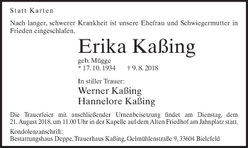 Traueranzeige von Erika Kaßing von Neue Westfälische