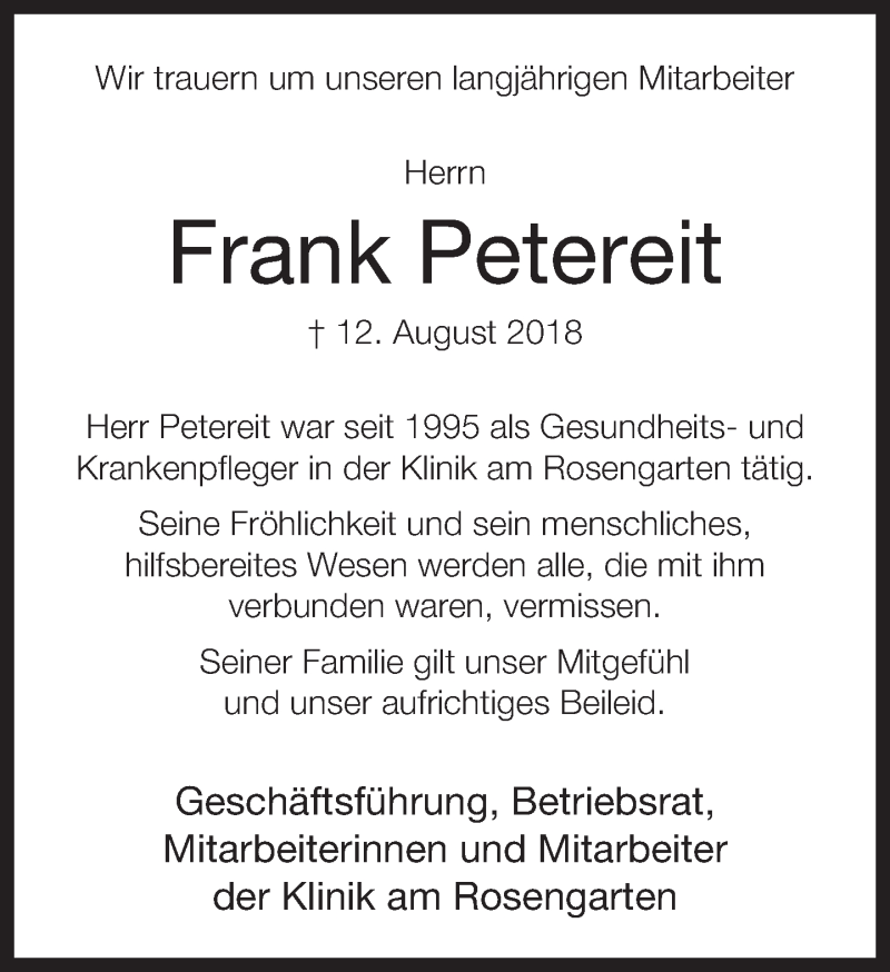  Traueranzeige für Frank Petereit vom 27.08.2018 aus Neue Westfälische