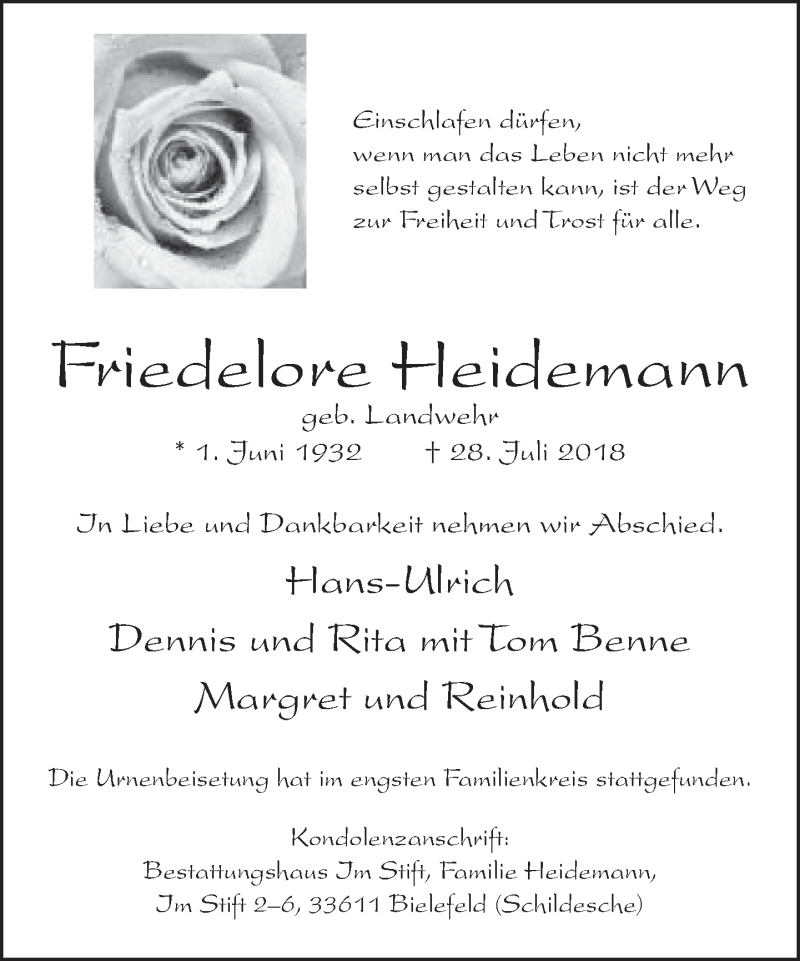 Traueranzeige für Friedelore Heidemann vom 11.08.2018 aus Neue Westfälische