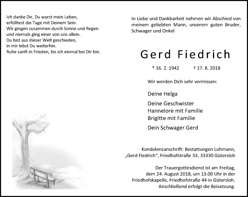  Traueranzeige für Gerd Fiedrich vom 20.08.2018 aus Neue Westfälische