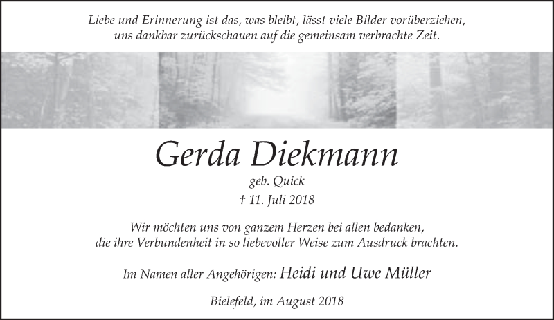  Traueranzeige für Gerda Diekmann vom 18.08.2018 aus Neue Westfälische