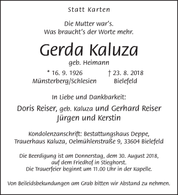 Traueranzeige von Gerda Kaluza von Neue Westfälische