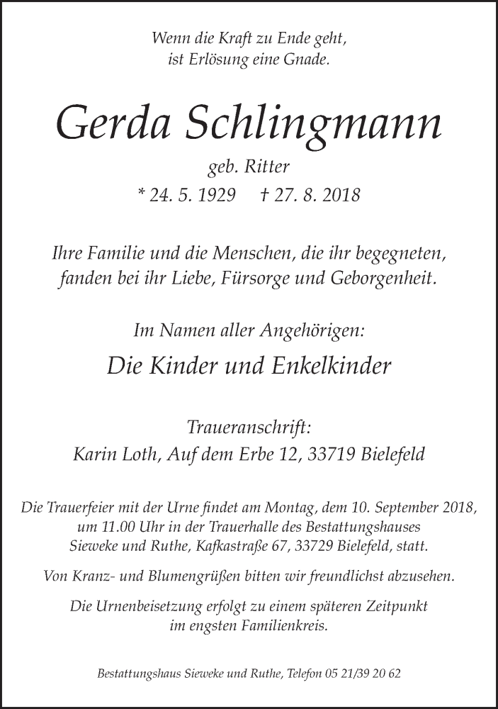  Traueranzeige für Gerda Schlingmann vom 31.08.2018 aus Neue Westfälische