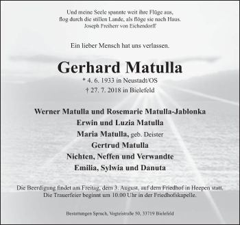 Traueranzeige von Gerhard Matulla von Neue Westfälische