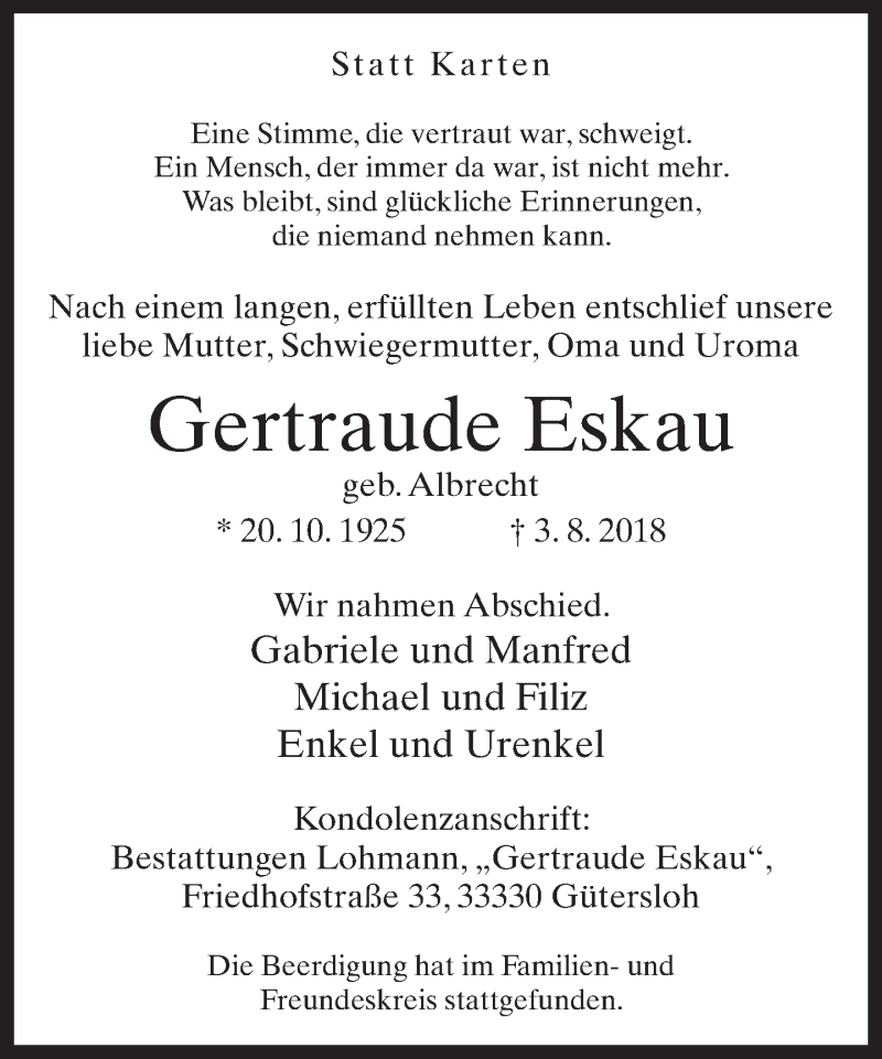  Traueranzeige für Gertraude Eskau vom 11.08.2018 aus Neue Westfälische