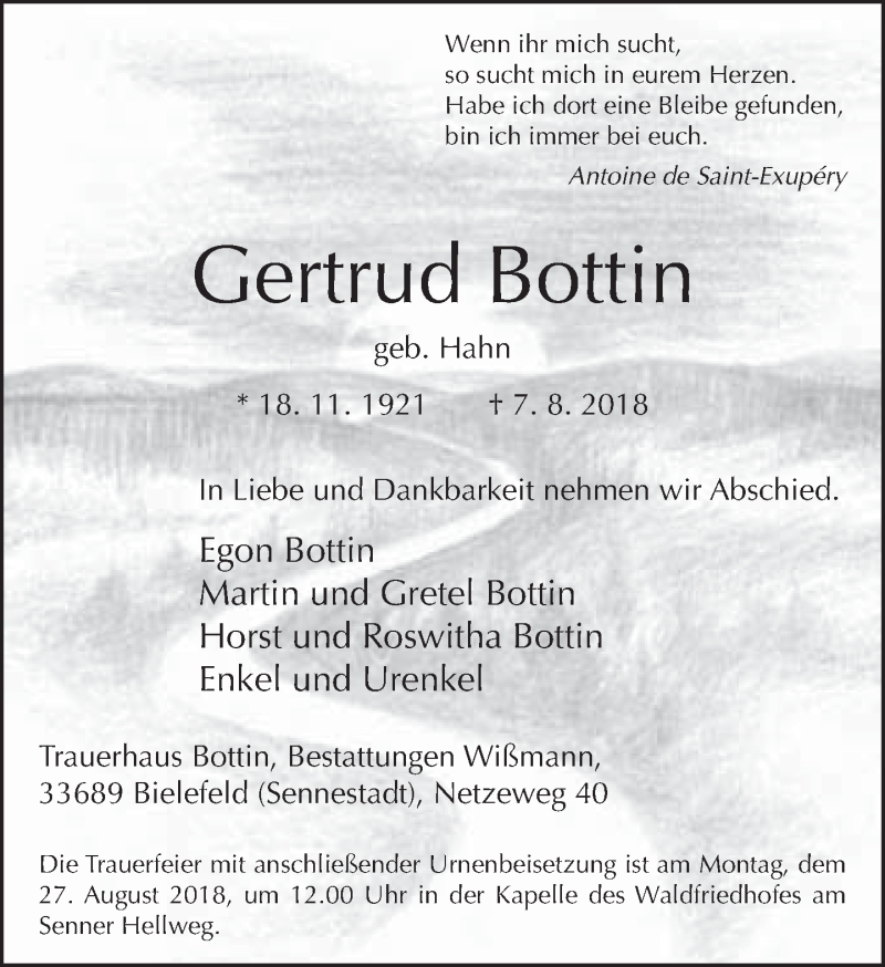  Traueranzeige für Gertrud Bottin vom 18.08.2018 aus Neue Westfälische