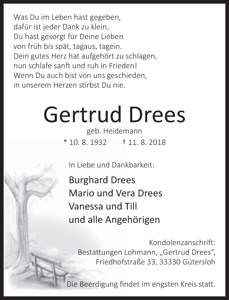  Traueranzeige für Gertrud Drees vom 15.08.2018 aus Neue Westfälische