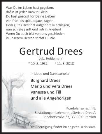 Traueranzeige von Gertrud Drees von Neue Westfälische