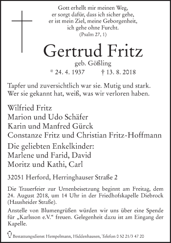 Traueranzeige von Gertrud Fritz von Neue Westfälische