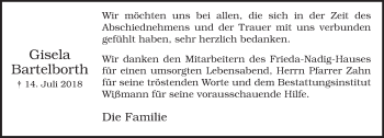 Traueranzeige von Gisela Bartelborth von Neue Westfälische
