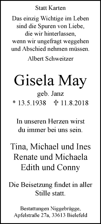 Traueranzeige von Gisela May von Neue Westfälische