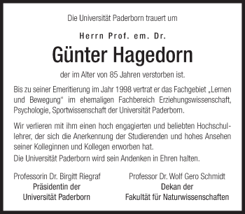 Traueranzeige von Günter Hagedorn von Neue Westfälische