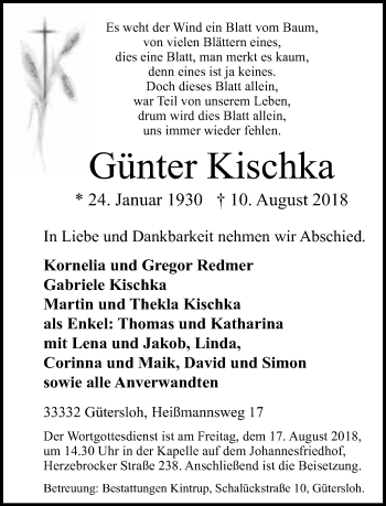 Traueranzeige von Günter Kischka von Neue Westfälische