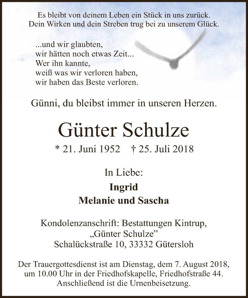  Traueranzeige für Günter Schulze vom 01.08.2018 aus Neue Westfälische