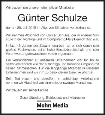 Traueranzeige von Günter Schulze von Neue Westfälische