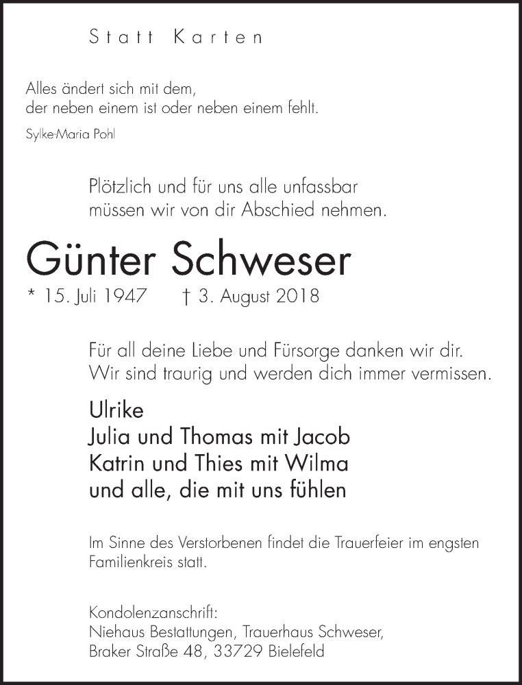  Traueranzeige für Günter Schweser vom 11.08.2018 aus Neue Westfälische