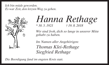 Traueranzeige von Hanna Rethage von Neue Westfälische