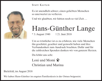 Traueranzeige von Hans-Günther Lange von Neue Westfälische