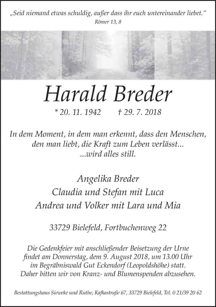  Traueranzeige für Harald Breder vom 04.08.2018 aus Neue Westfälische