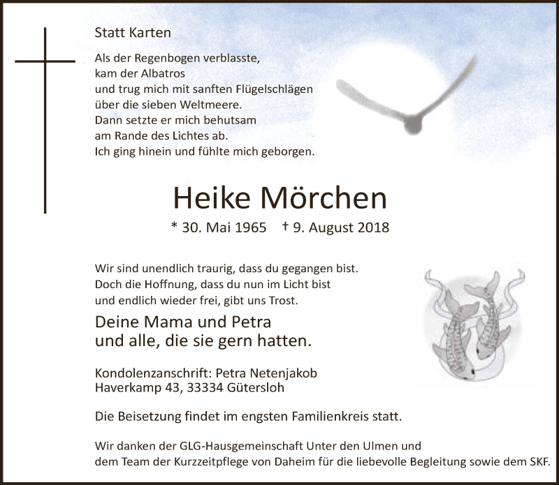  Traueranzeige für Heike Mörchen vom 14.08.2018 aus Neue Westfälische