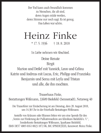 Traueranzeige von Heinz Finke von Neue Westfälische