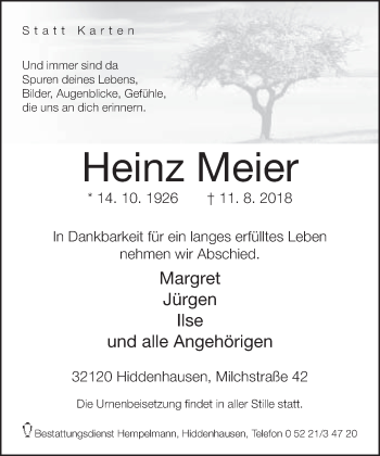 Traueranzeige von Heinz Meier von Neue Westfälische