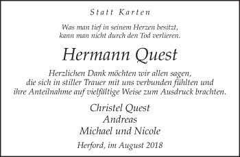 Traueranzeige von Hermann Quest von Neue Westfälische
