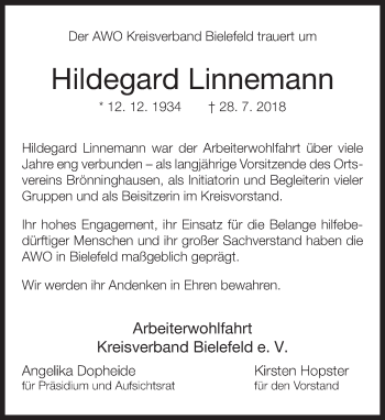 Traueranzeige von Hildegard Linnemann von Neue Westfälische