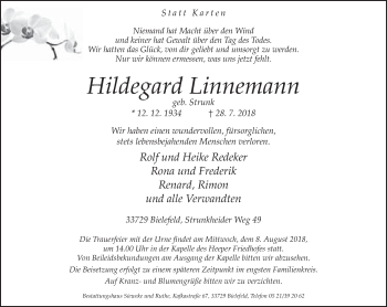 Traueranzeige von Hildegard Linnemann von Neue Westfälische
