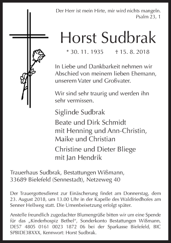 Traueranzeige von Horst Sudbrak von Neue Westfälische