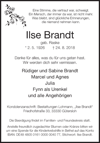 Traueranzeige von Ilse Brandt von Neue Westfälische