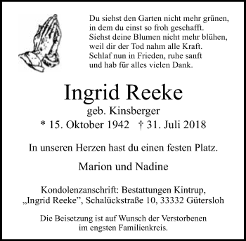 Traueranzeige von Ingrid Reeke von Neue Westfälische