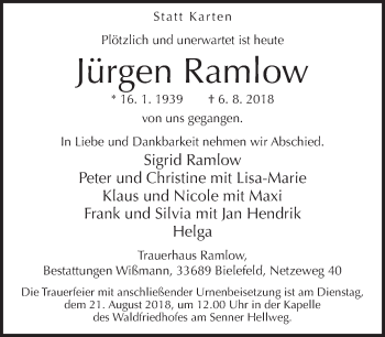 Traueranzeige von Jürgen Ramlow von Neue Westfälische