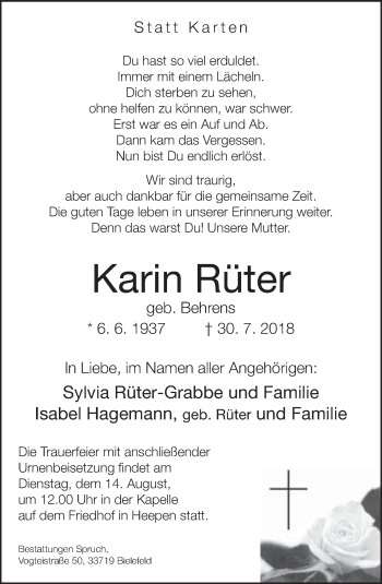 Traueranzeige von Karin Rüter von Neue Westfälische