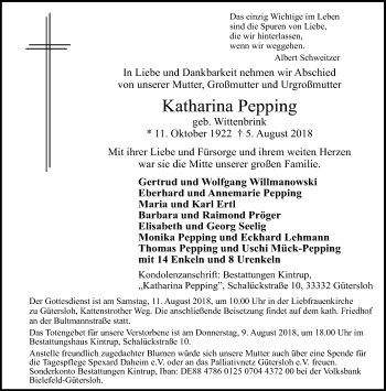 Traueranzeige von Katharina Pepping von Neue Westfälische