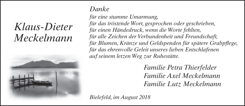  Traueranzeige für Klaus-Dieter Meckelmann vom 25.08.2018 aus Neue Westfälische