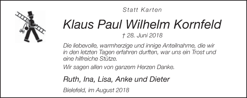  Traueranzeige für Klaus Paul Wilhelm Kornfeld vom 04.08.2018 aus Neue Westfälische