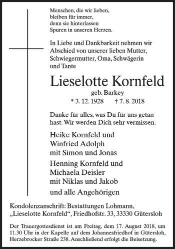 Traueranzeige von Lieselotte Kornfeld von Neue Westfälische