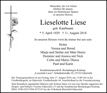Traueranzeige von Lieselotte Liese von Neue Westfälische