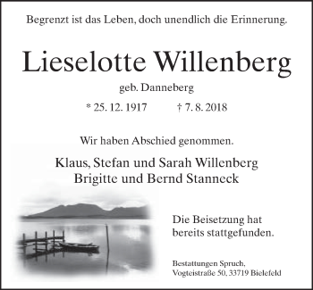 Traueranzeige von Lieselotte Willenberg von Neue Westfälische