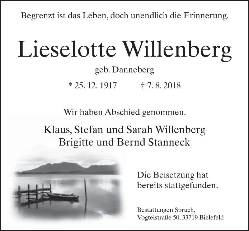  Traueranzeige für Lieselotte Willenberg vom 18.08.2018 aus Neue Westfälische