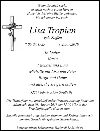 Traueranzeige von Lisa Tropien von Neue Westfälische