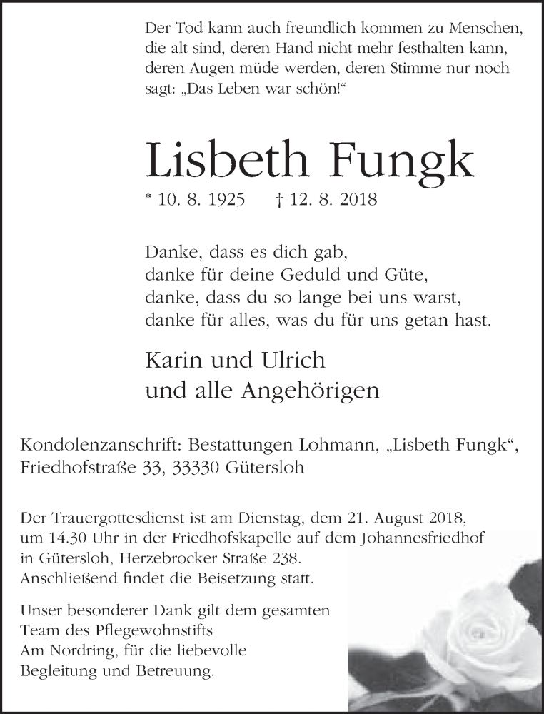  Traueranzeige für Lisbeth Fungk vom 16.08.2018 aus Neue Westfälische