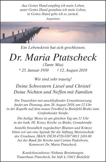 Traueranzeige von Maria Ptatscheck von Neue Westfälische