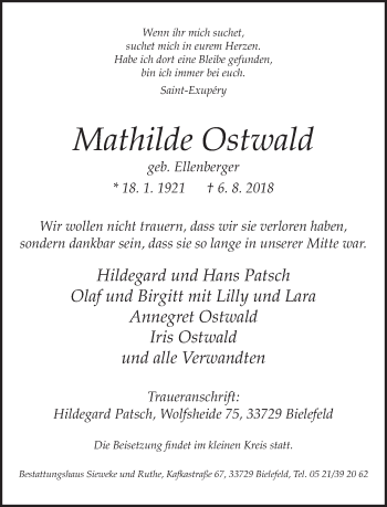 Traueranzeige von Mathilde Ostwald von Neue Westfälische