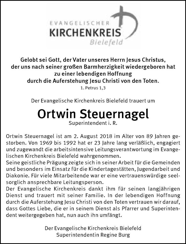  Traueranzeige für Ortwin Steuernagel vom 04.08.2018 aus Neue Westfälische