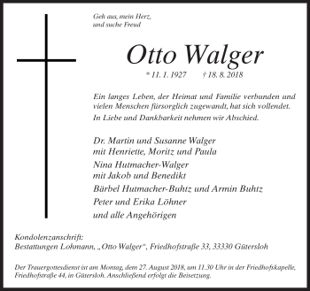 Traueranzeige von Otto Walger von Neue Westfälische
