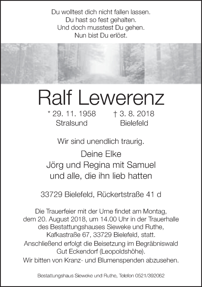  Traueranzeige für Ralf Lewerenz vom 10.08.2018 aus Neue Westfälische