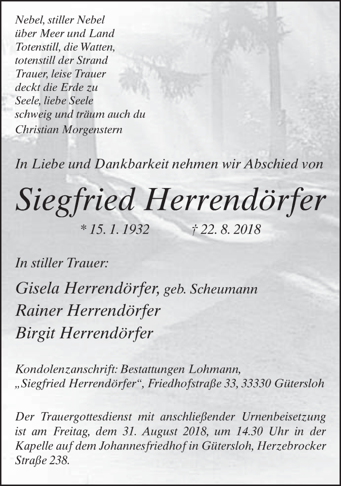  Traueranzeige für Siegfried Herrendörfer vom 25.08.2018 aus Neue Westfälische