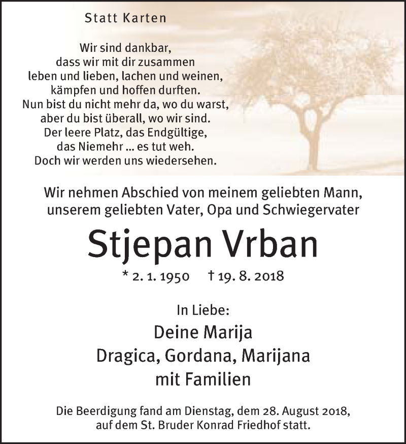 Traueranzeige für Stjepan Vrban vom 29.08.2018 aus Neue Westfälische